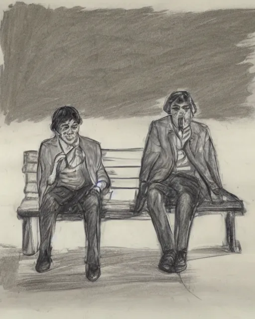Prompt: sketch of two man sitting on the bench, meme, meme template, laugh