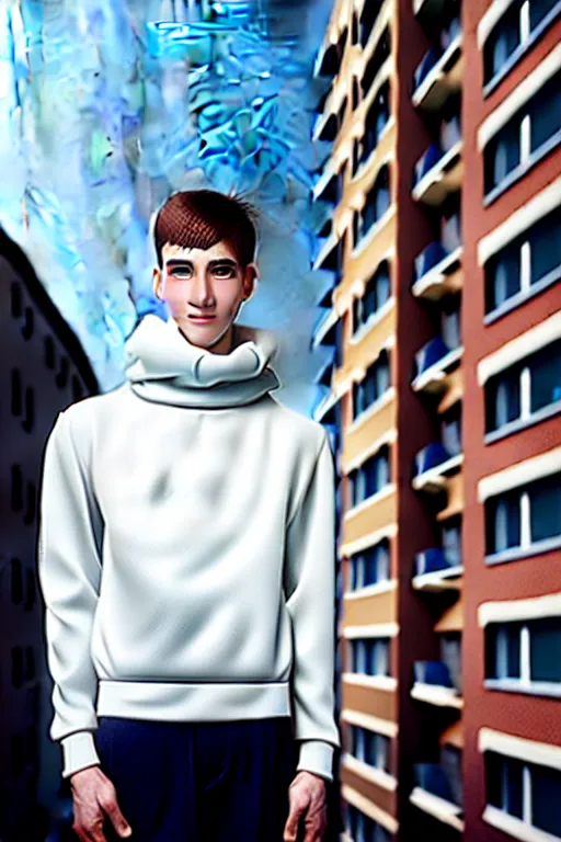 Image similar to un ultra high definition studio quality photographic art portrait of a young man standing on the rooftop of a british apartment building wearing soft padded silver pearlescent clothing. three point light. extremely detailed. golden ratio, ray tracing, volumetric light, shallow depth of field. set dressed.