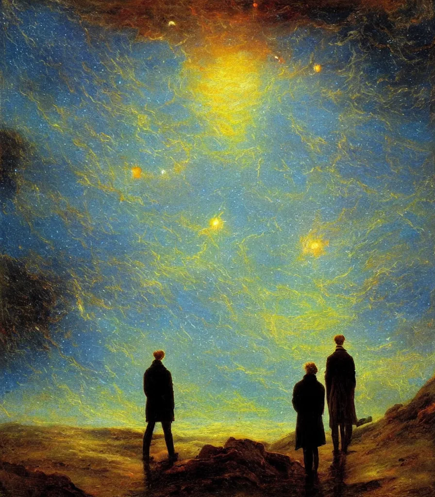 Prompt: an impasto oil painting of a futuristic wanderer gazing into a the universe painted by caspar david friedrich, light colors, starts, galaxy, impressionism