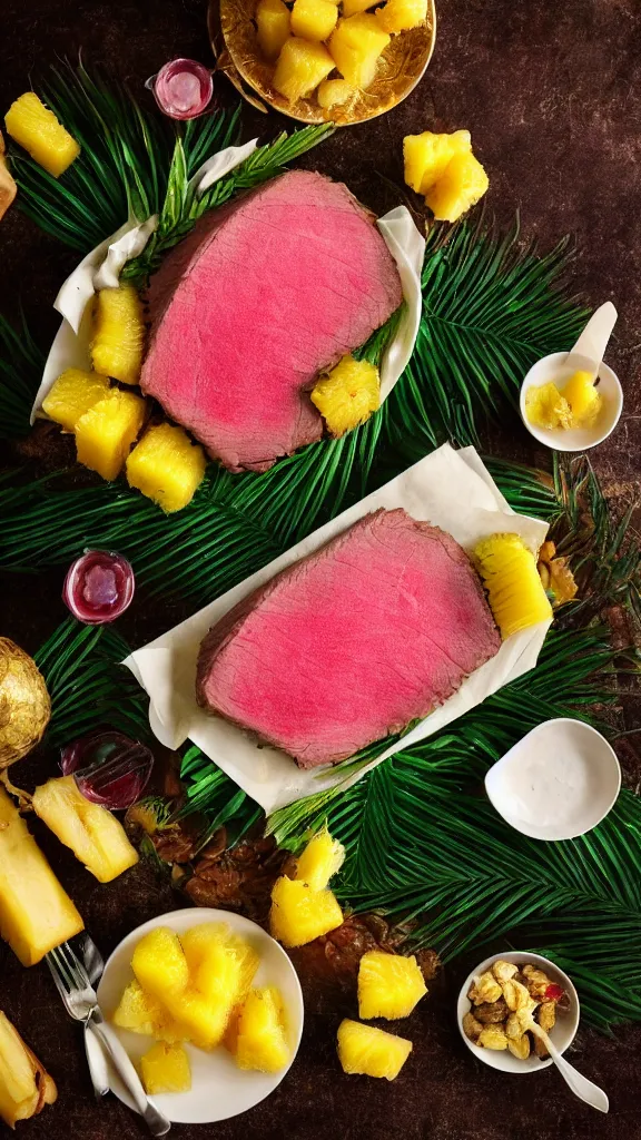 Image similar to 6 0 s food photography of a slab of roast beef, covered in jelly and pineapples, tropical vibes, on a velvet table cloth, soft focus