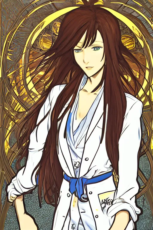 Image similar to Kurisu Makise in long lab coat tonemapped in the style of Ayami Kojima and Alphonse Mucha