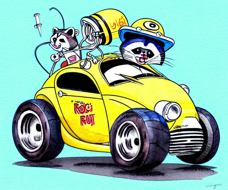 Prompt: cute and funny, racoon wearing racing helmet riding in a tiny hot rod coupe with oversized engine, ratfink style by ed roth, centered award winning watercolor pen illustration, isometric illustration by chihiro iwasaki, edited by range murata