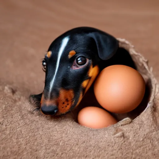 Image similar to eggs cracking open with baby dachshunds inside. baby dachshunds hatching. professional photography