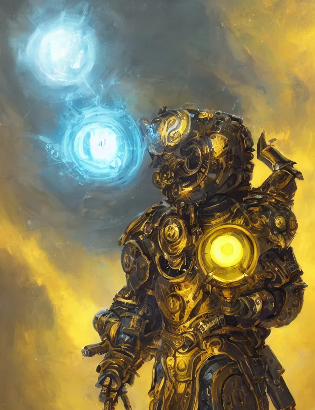 Prompt: full body, attack position abstract painting in lush fantasy environment of a ornate holy mechanical warforged with circular glowing eye, character in yellow armor holding a legendary paladin engraved holy great longsword and carrying a huge heavy paladin shield, vertically flat head, face in focus, epic , trending on ArtStation, masterpiece, cinematic lighting, by Christopher Balaskas