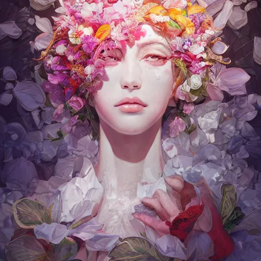 Image similar to the portrait of an absurdly beautiful, graceful, elegant, chaste woman made of petals looking up, an ultrafine detailed illustration by kim jung gi, irakli nadar, intricate linework, bright colors, octopath traveler, final fantasy, angular, unreal engine 5 highly rendered, global illumination, radiant light, detailed and intricate environment