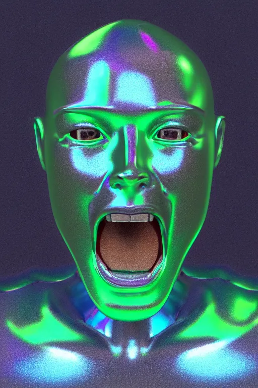 Image similar to 3d render of holographic angry human robotic screaming angry bust made of glossy iridescent, screaming, bust, surrealistic 3d illustration of a human non-binary, non binary model, 3d model human, cryengine, made of holographic texture, holographic material, holographic rainbow, concept of cyborg and artificial intelligence