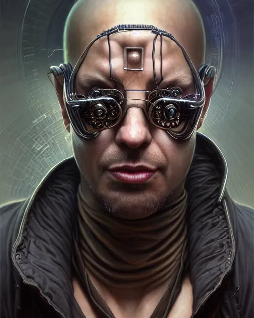 Image similar to front shot of a cyberpunk criminal mastermind character, intricate, elegant, highly detailed, centered, digital painting, artstation, concept art, smooth, sharp focus, illustration, artgerm, Tomasz Alen Kopera, Peter Mohrbacher, donato giancola, Joseph Christian Leyendecker, WLOP, Boris Vallejo, mugshot!!!!!, ugly!!!!!!