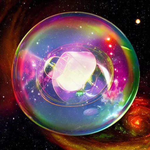 Image similar to ”astronaut in a soap bubble floating into a mysterious vortex in a strange galaxy, [epic, colorful, aweinspiring, otherwordly]”