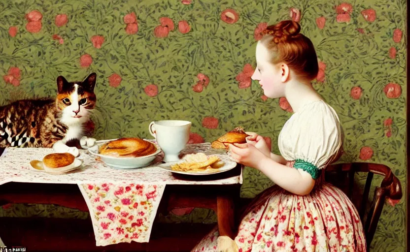 Image similar to a girl has breakfast with her cat at the table filled with food, flowery wallpaper, 1 8 8 0 s style, professional photography, color