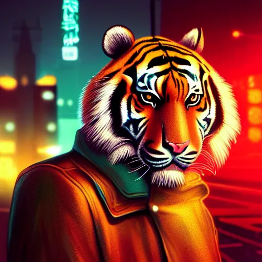 Image similar to a beautfiul award winning commission portrait of an anthro tiger in the neon cyberpunk city at night,wearing a leather jacket,glow effect,detailed face,photorealistic,character design by charles bowater,ross tran,deviantart,artstation,digital art,hyperdetailed,realistoc,western comic style,vfx,dramatic