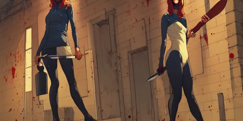 Image similar to style of Jaime McKelvie and Joshua Middleton comic book art, cinematic lighting, realistic, bunny mask female villain holding a bloody kitchen knife, standing in an alleyway, full body sarcastic pose, symmetrical, realistic body, knee high socks, rioters, people fighting, The Purge, night, horror, dark color palette