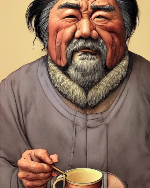 Image similar to real life Uncle Iroh, drinking from a cup of tea, gentle smile, overweight, beautiful, very detailed, hyperrealistic, medium shot, very detailed painting by Glenn Fabry, by Joao Ruas