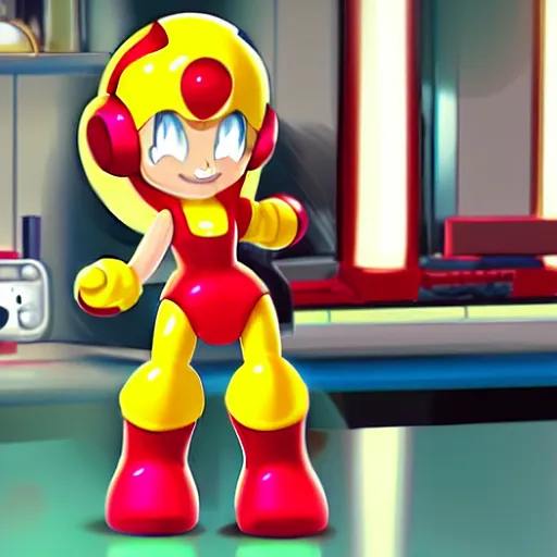 Image similar to 3 d cg rendering of : roll ( from mega man ) is repairing computers in dr. light's laboratory. roll is a cute female ball - jointed robot who has blonde hair with bangs and a ponytail tied with a green ribbon. she is wearing a red one - piece dress with a white collar, and red boots.
