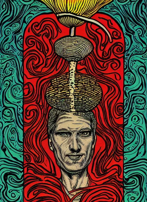 Image similar to tarot card designed by charles burns, painted with oil paint, depicting a drawing of amanita muscaria mushroom, high priest, ritual, dmt space, intricate, ornate