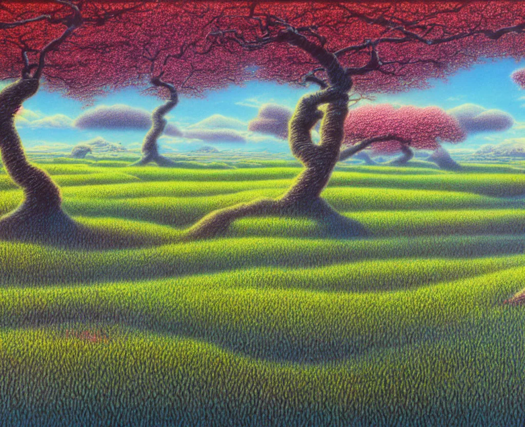 Image similar to a landscape pastel in the style of noriyoshi ohrai and mark tedin of an orchard where all the trees are made of chrome metal. key art. 4 k retrofuturistic fantasy