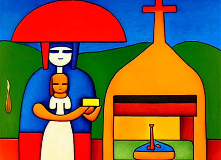 Image similar to a temple to pizza by Tarsila do Amaral