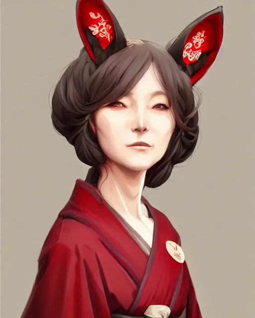 Prompt: Ssunbuki as an older woman with fox ears and a red kimono, visualartzi, Japanese, concept art by Karla Ortiz, James Paick, Charlie Bowater, Krenz Cushart, highly detailed, ultra detailed, ultra realistic, trending on artstation, cgstudio