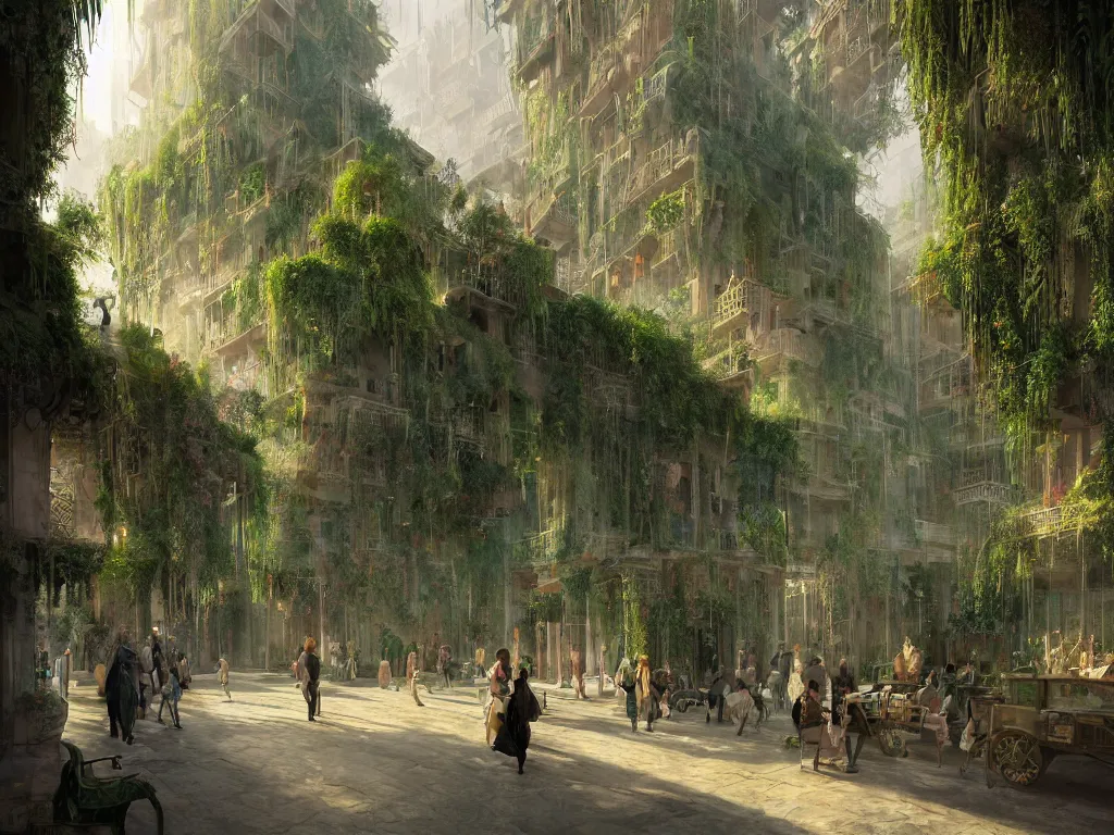 Image similar to the antique green city of babylon with its wonderful hanging gardens at dawn, intricate, elegant, volumetric lighting, digital painting, highly detailed, artstation, sharp focus, illustration, concept art, ruan jia, steve mccurry