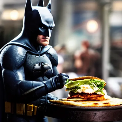 Image similar to A still of Ben Affleck's Batman eating arepa. Extremely detailed. Beautiful. 4K. Award-winning