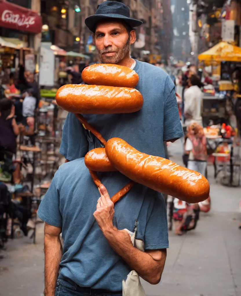 Image similar to closeup portrait of a man carrying a giant hotdog on his shoulder in a smoky new york back street, by Annie Leibovitz and Steve McCurry, natural light, detailed face, CANON Eos C300, ƒ1.8, 35mm, 8K, medium-format print