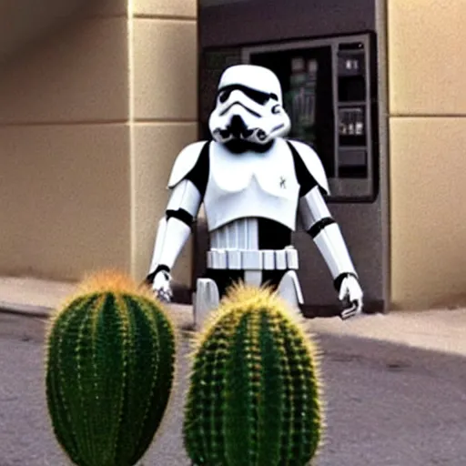 Image similar to an imperial stormtrooper with gold hair holding a cactus in a bus stop, in the movie gone with the wind, hyperrealistic