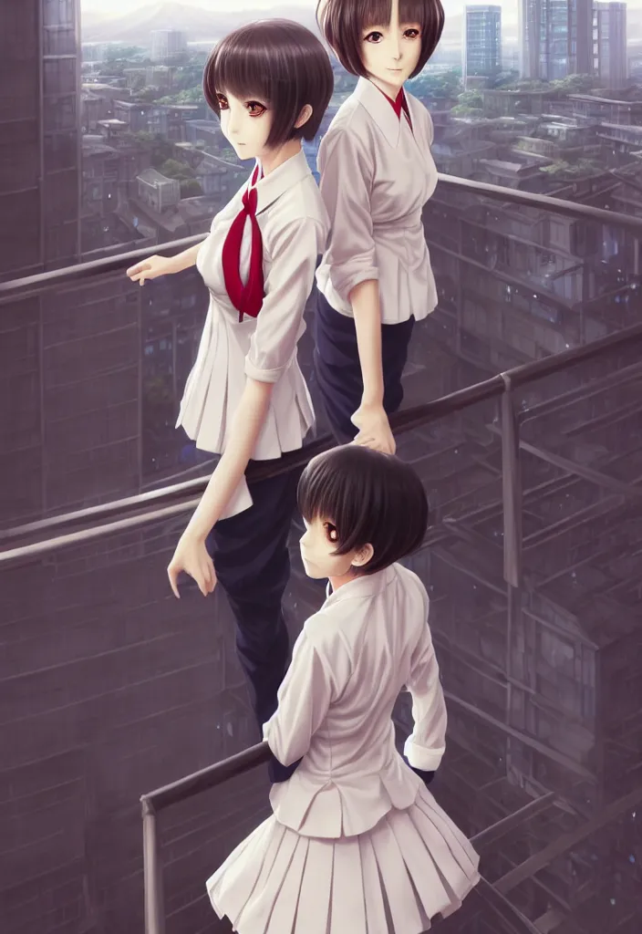 Image similar to beautiful full body portrait of one anime female with short hair, wearing Japanese school uniform, standing in on a balcony overlooking downtown Tokyo, D&D, fantasy, intricate, elegant, highly detailed, digital painting, artstation, concept art, smooth, sharp focus, illustration, art by artgerm and WLOP and Krenz Cushart and greg rutkowski and alphonse mucha