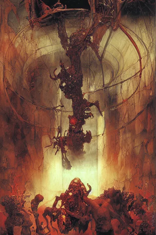 Prompt: scientists observe a demon from hell inside a huge glass cylinder, painted by ruan jia, lawrence alma tadema, zdzislaw beksinski, norman rockwell, jack kirby, tom lovell, alex malveda, greg staples