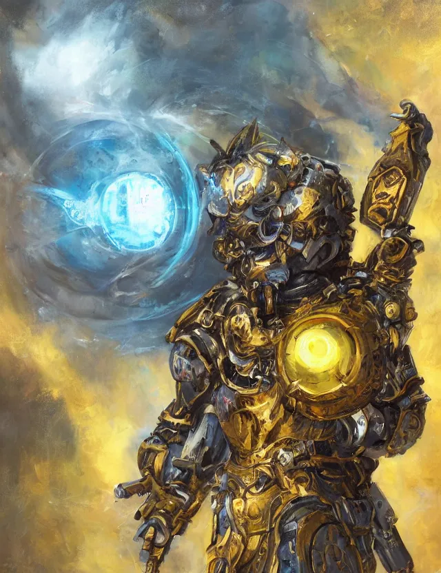 Image similar to full body, attack position abstract painting in lush fantasy environment of a ornate holy mechanical warforged with circular glowing eye, character in yellow armor holding a legendary paladin engraved holy great longsword and carrying a huge heavy paladin shield, vertically flat head, face in focus, epic , trending on ArtStation, masterpiece, cinematic lighting, by Ross Tran, by Delphin Enjolras, by Ruan Jia, by Greg Rutkowski