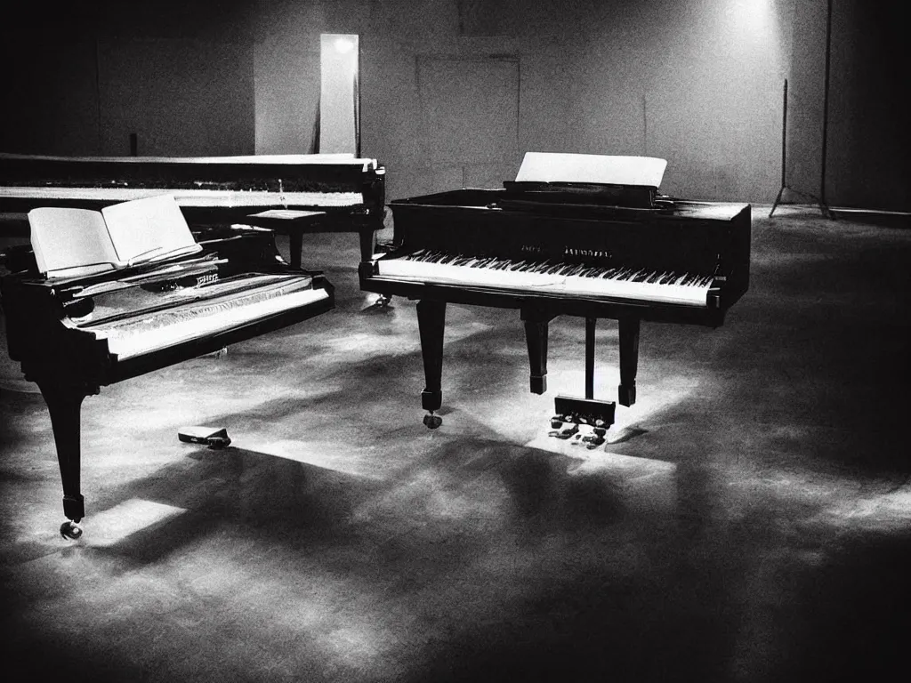 Prompt: “ a lone grand piano completely covered in spiderwebs in a dimly lit, empty rehearsal room, photorealism, light rays, cinematic lighting, dramatic, melancholy, atmospheric ”