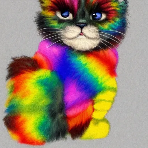 Image similar to wide angle full body, of a fluffy cute rainbow kitten wearing a black motorcycle jacket, concept art