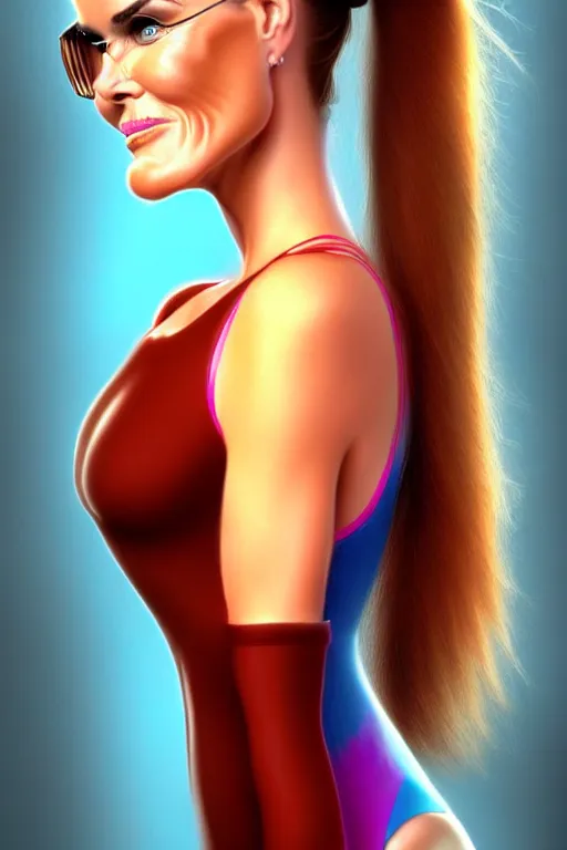 Image similar to mix of beautiful young maria shriver, mariel hemmingway, brooke shields, nicole kidman and elle macpherson as an alien creature, thin lips, hair tied up in a pony tail, dark blonde hair, colorful, artstation, cgsociety