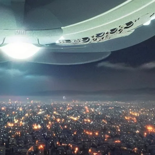 Image similar to An enormous ominous alien spaceship dramatically entering Earth\'s atmosphere above the city of Ljubljana, movie still from the movie Independence Day 3 (2022), Oscar winning special effects and cinematography, 4k