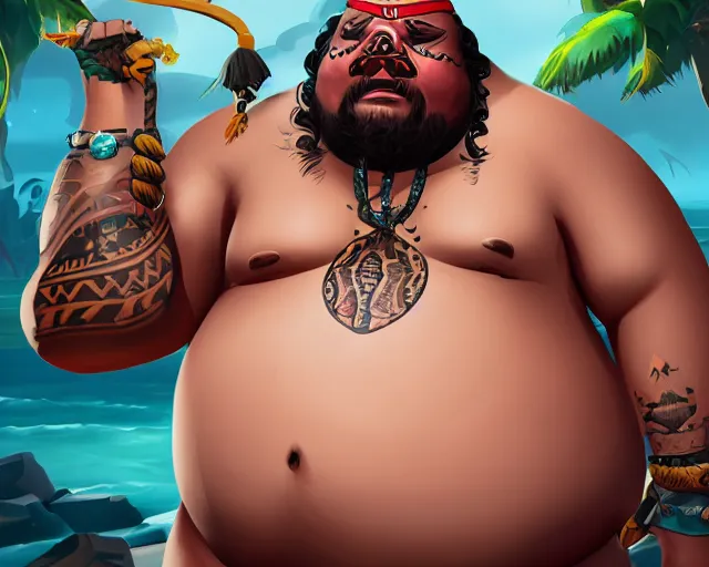 Prompt: sea of thieves character portrait concept art for an obese chubby huge tribal native man with polynesian tattoos on his face and a nose ring, cgsociety, trending on artstation, rare ltd,