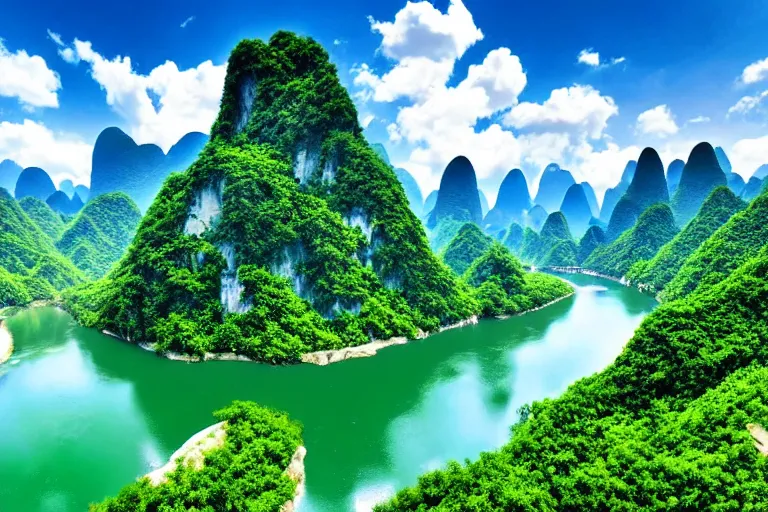 Prompt: wide, lush scenic landscape, grand majestic mountains, valley, river, karst chinese limestone mountains, blue sky, white clouds, professional photography, realistic, highly detailed, 8 k