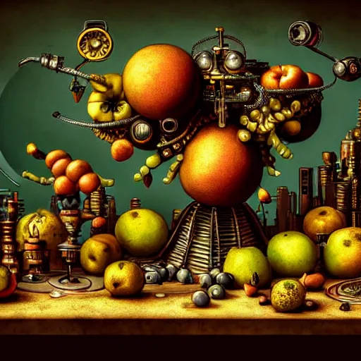 Prompt: hyperdetailed standalone fruit on a table. cyberpunk steampunk solarpunk in the style of a childrenbook illustration and. maximalist mixed media. matte background in natural tones. 8 x hd in the style of pieter claesz, jacob van es, juan sanchez cotan, jean - baptiste belin.