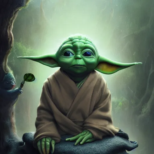 Image similar to tom bagshaw, beautiful baby yoda, mythical shrine, soft painting render curiosities carnival pond river vegetation rocks bugs wildlife mushrooms covered moss bioluminescent wisps, beautiful stunning waterfall, accurate features, focus, very intricate ultrafine details, random volumetric lighting, fog, award winning masterpiece, octane render 8 k hd, artstation