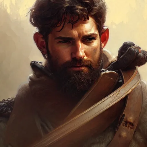 Image similar to Rugged ranger tending to his wounds, masculine, male, D&D, muscular, fantasy, intricate, elegant, highly detailed, digital painting, artstation, concept art, smooth, sharp focus, illustration, art by artgerm and greg rutkowski and alphonse mucha