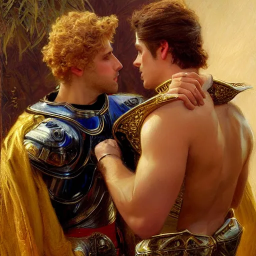 Image similar to attractive male prince fully clothed confesses his love for his attractive male knight fully clothed. highly detailed painting by gaston bussiere, craig mullins, j. c. leyendecker 8 k
