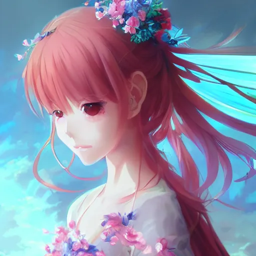 Image similar to anime portrait of a flower girl as an anime girl by Stanley Artgerm Lau, WLOP, Rossdraws, James Jean, Andrei Riabovitchev, Marc Simonetti, and Sakimichan, trending on artstation