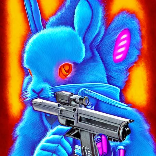 Image similar to portrait of rabbit with UV neon fur holding a machine gun , 8k, highly detailed, sharp, realistic, in style of Brom