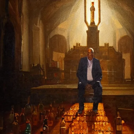 Prompt: a portrait of bill cosby surrounded by liquor bottles radiating holy light in the church,in the style of greg rutkowski,epic lighting,Postmodernism style,Masterpieces,oil on canvas