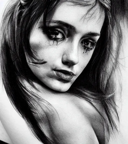 Image similar to a beautiful girl portrait, faded mountain background, realism tattoo, in the style of den yakovlev, black and white, hyper realistic, highly detailed