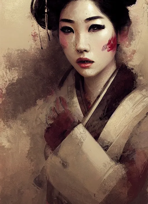 Image similar to female geisha girl, beautiful face, rule of thirds, intricate outfit, spotlight, by greg rutkowski, by jeremy mann