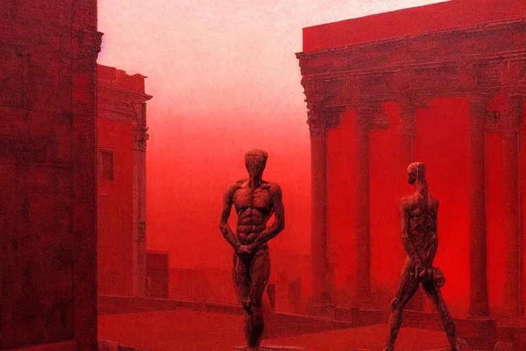 Image similar to only with red, caesar after war, a red tiger, in hoc signo vinces, rome in background, an ancient path, in the style of beksinski, part by hopper, part by rodcenko, part by hofbauer, intricate composition, red by caravaggio, insanely quality, highly detailed, masterpiece, red light, artstation