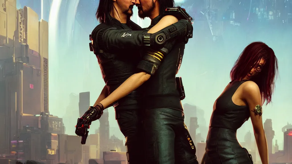 Image similar to a cyberpunk 2077 srcreenshot couple portrait of Keanu Reeves female android in hug,love,film lighting,by Laurie Greasley,Lawrence Alma-Tadema,Dan Mumford,John Wick,Speed,Replicas,artstation,deviantart,FAN ART,full of color,Digital painting,face enhance,highly detailed,8K,octane,golden ratio,cinematic lighting