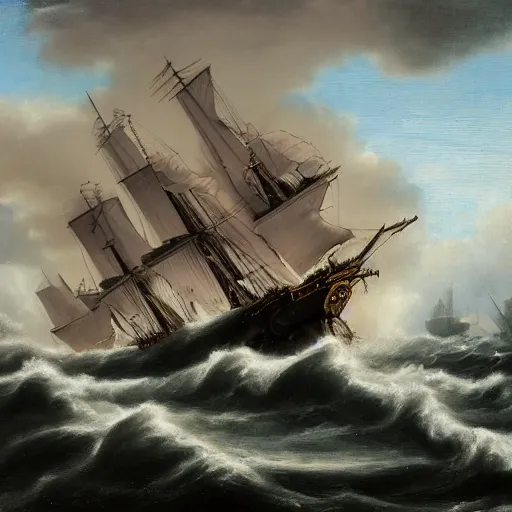 Image similar to A old pirate sailship on a stormy sea getting attacked by a British ship of the line, oil painting, 4k, high detail, godrays, smooth, sharp, gloomy, bloom