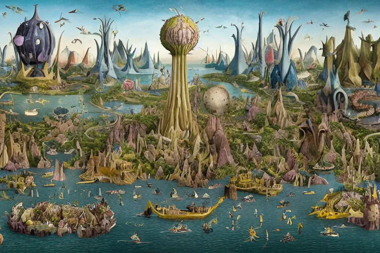 Prompt: a beautiful and insanely detailed matte painting of a magical group of minions with surreal architecture designed by Heironymous Bosch, mega structures inspired by Heironymous Bosch's Garden of Earthly Delights, creatures of the air and sea inspired by Heironymous Bosch's Garden of Earthly Delights, ships in the harbor inspired by Heironymous Bosch's Garden of Earthly Delights, vast surreal landscape and horizon by Jim Burns, rich pastel color palette, masterpiece!!, grand!, imaginative!!!, whimsical!!, epic scale, intricate details, sense of awe, elite, fantasy realism, complex layered composition!!