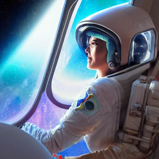 Prompt: a beautiful woman astronaut looks out the window of her spaceship at a vibrant colorful nebula, photorealistic intricately detailed octane render