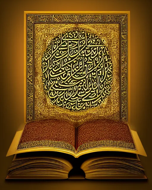 Prompt: pages of the quran falling down, gold filigree, romantic storybook fantasy, soft cinematic lighting, award, pastel color palette, featured on artstation