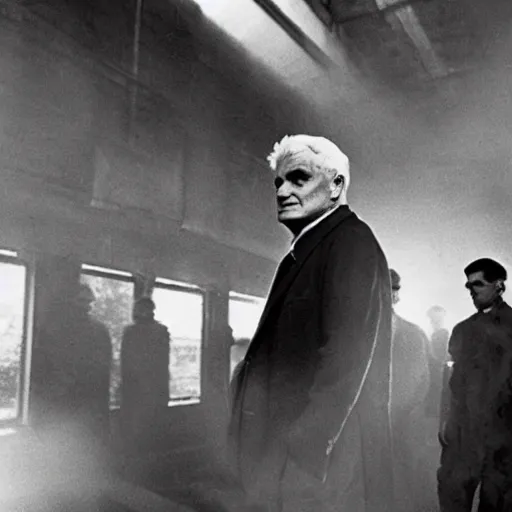 Prompt: jacques derrida in a factory with smoke and dust, dramatic light, ultra realistic faces, 1 9 3 1, 2 5 mm